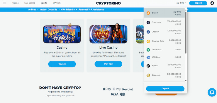 A snapshot of Cryptorino, a fast payout casino