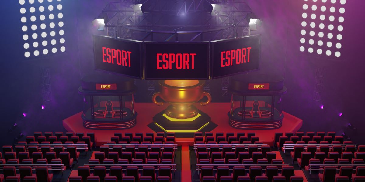 eスポーツアリーナのステージ_ESPORT表示スクリーン_金色のトロフィー_空の観客席