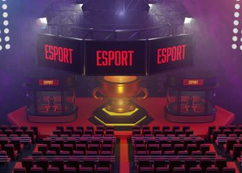 eスポーツアリーナのステージ_ESPORT表示スクリーン_金色のトロフィー_空の観客席