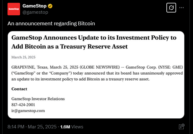 Gamestop Bitcoin announcement