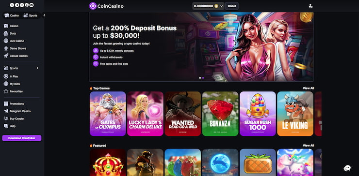A screenshot of the CoinCasino homepage, one of the best Tether casinos.