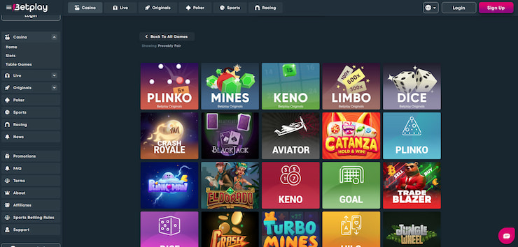 A screenshot showing the provably fair games at Betplay.