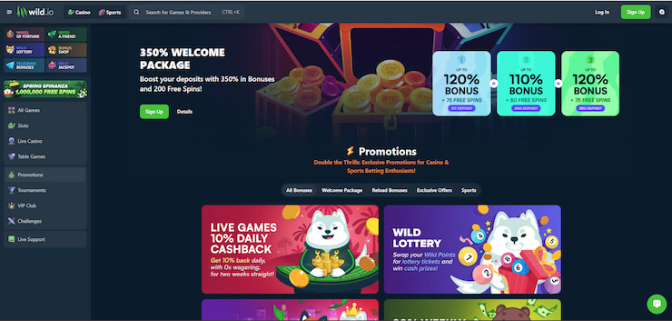 A screenshot showing some of the promotions available at Wild.io.