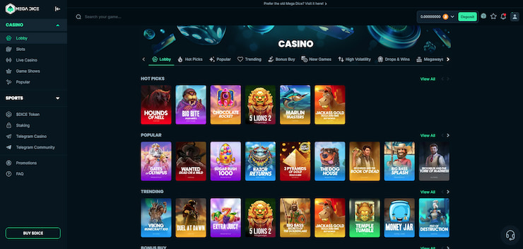 The Mega Dice Tether Casino homepage.