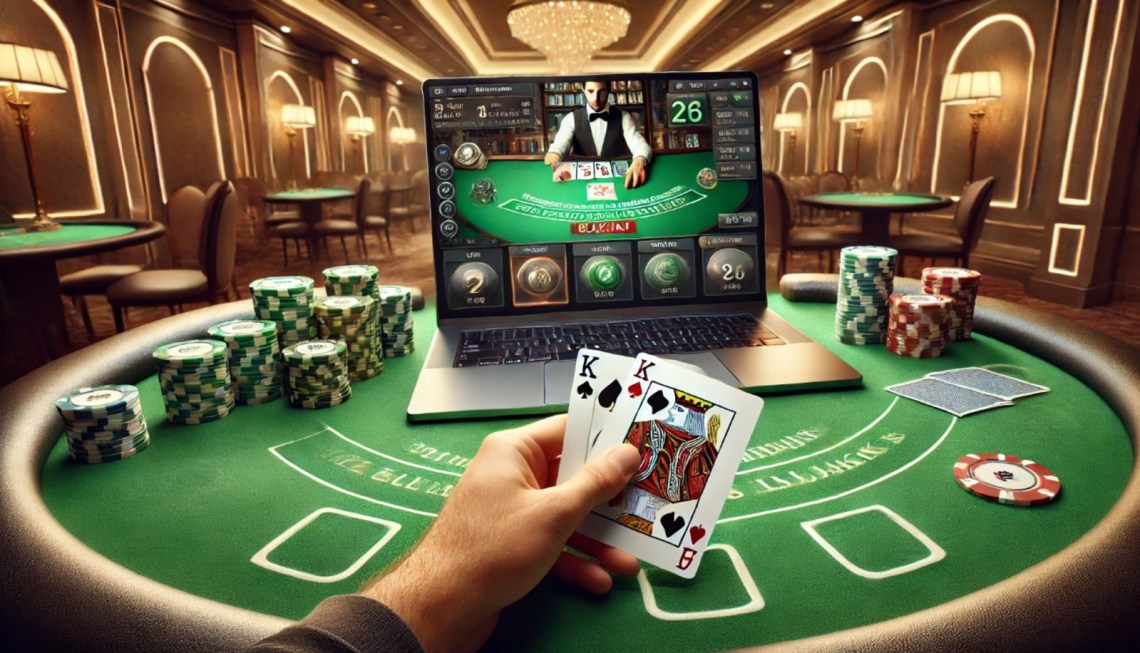 Imagem de um jogador segurando cartas em um jogo de Blackjack online, com um laptop exibindo um cassino virtual ao fundo, fichas e uma mesa de jogo.