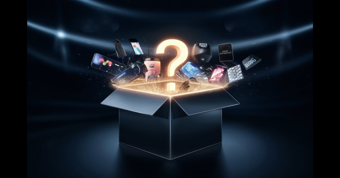 Imagem de uma caixa misteriosa iluminada com um ponto de interrogação e produtos variados saindo dela, simbolizando surpresas e novidades no mercado.