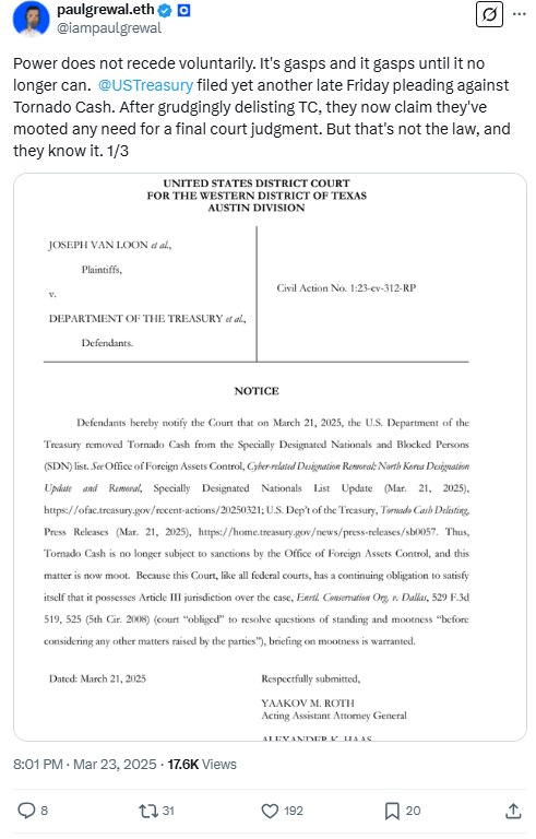 tornado-cash-sanction-revoked-boost-privacy-with-best-wallet Paul Grewal talking about Tornado Cash on X