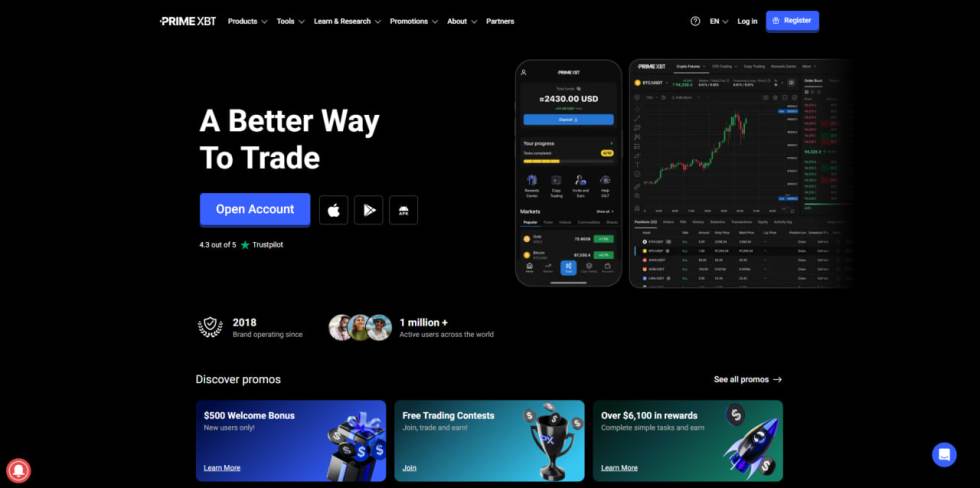 Web de PrimeXBT, en la que se ofrece la opción de invertir en futuros de criptomonedas