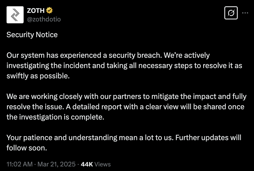 Zoth Hack post on X