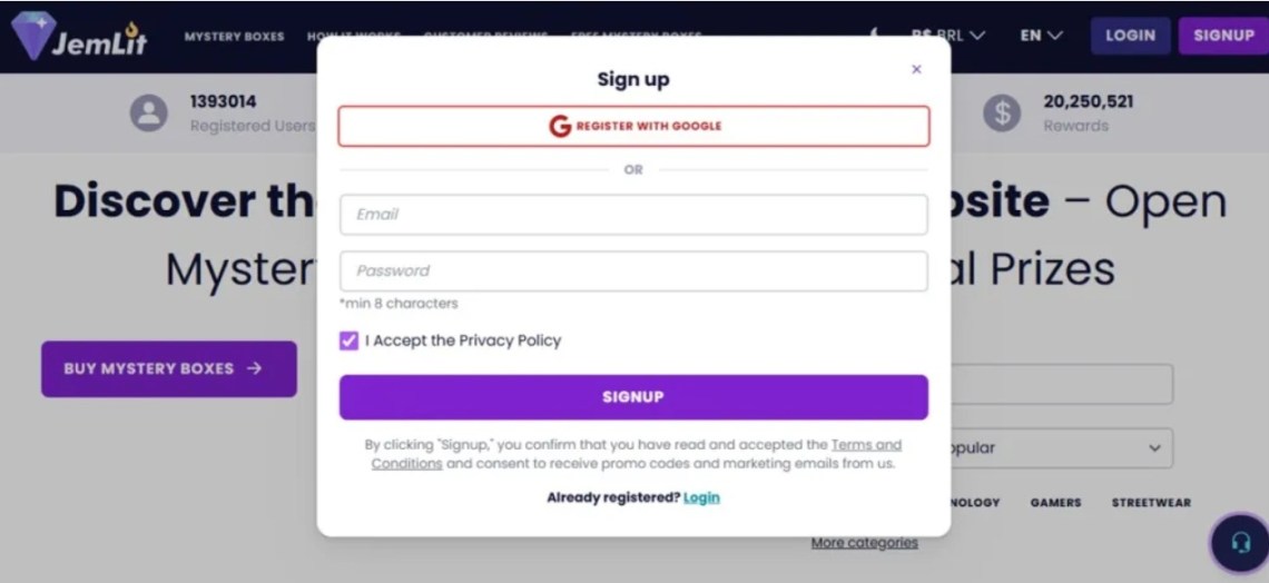 Tela para criar conta com email na Jemlit