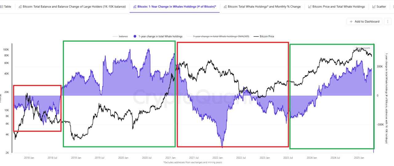 Bitcoin 1-year Change in Whale Holdings | Source: CryptoQuant