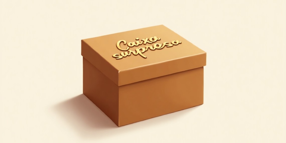 Caixa surpresa em tom de laranja com um design moderno e letras estilizadas na tampa. Perfeita para presentear em diversas ocasiões.