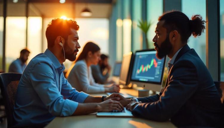 شخصان يتبادلان الحديث وجهًا لوجه في بيئة عمل رقمية، مع مخططات أسعار العملات الرقمية على الشاشات تعبّر عن مفهوم منصات تداول العملات الرقمية من نظير إلى نظير