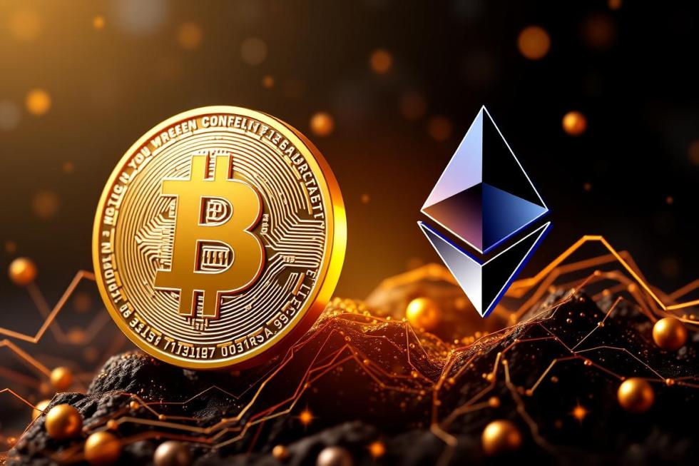 ภาพ Bitcoin และ Ethereum พร้อมโลโก้ BlackRock