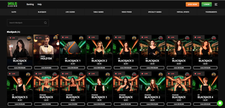 A screenshot of the Wild Casino live blackjack page,