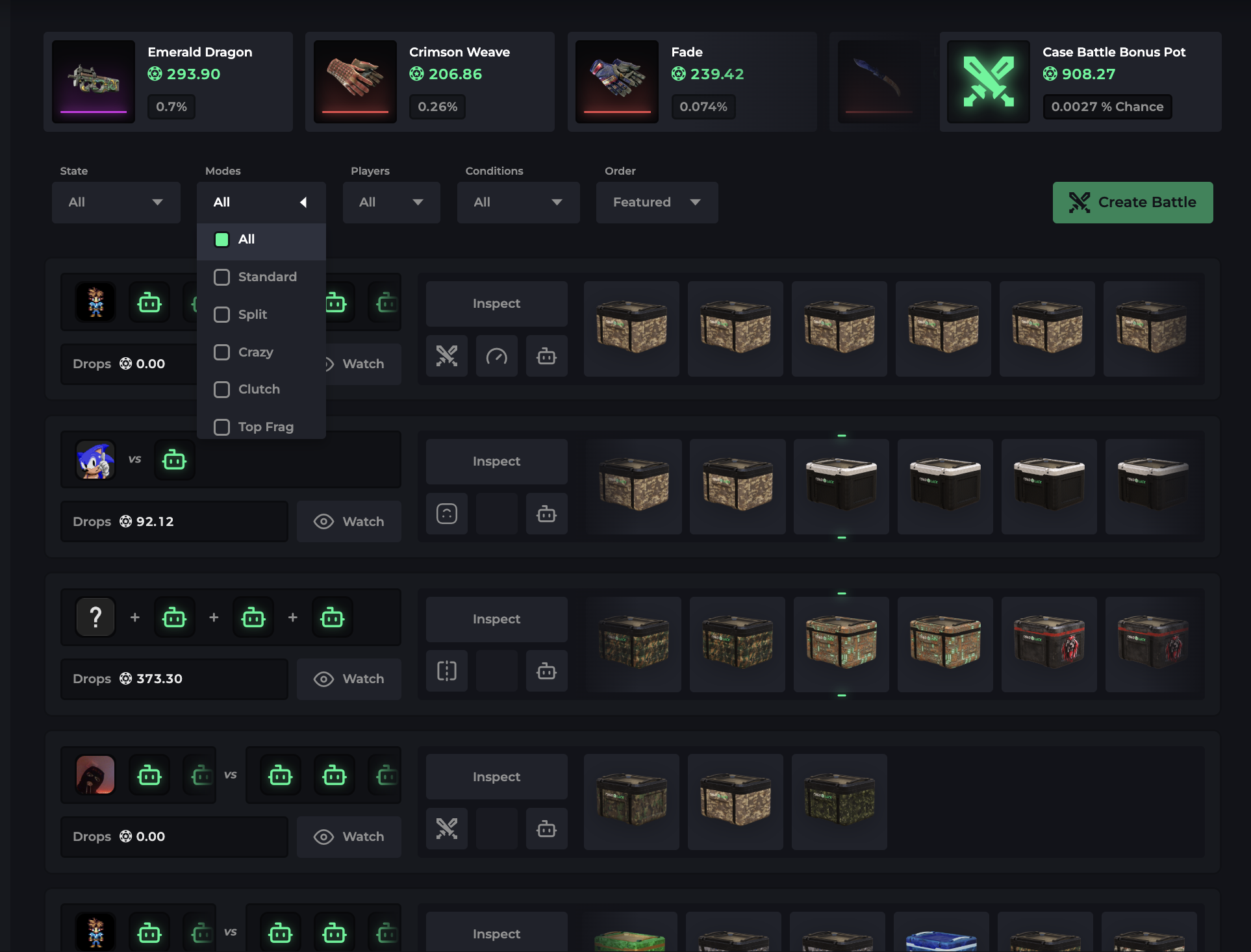 CSGOLuck variety of battle modes for cases