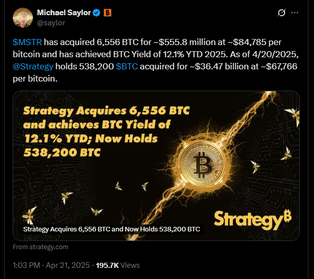 Strategy Buys 6556 Bitcoin