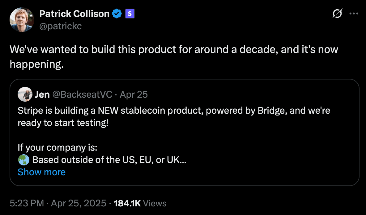 Stripe building stablecoin project - post on X