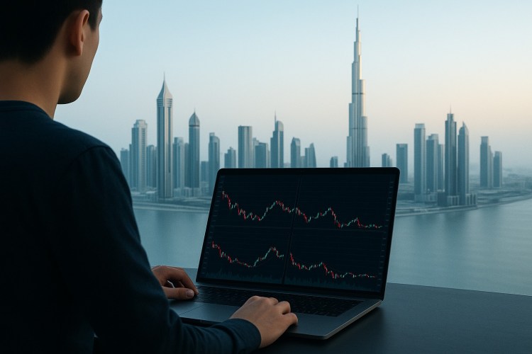 متداول يعمل على جهاز لابتوب يعرض مخططات تداول العملات الرقمية، مع خلفية أفق دبي وبرج خليفة عند الغروب،