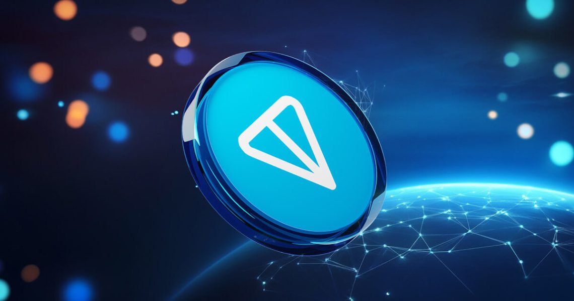 رمز Toncoin باللون الأزرق مع خلفية رقمية، يرمز إلى مشروع بلوكتشين TON المرتبط بتطبيق تيليغرام