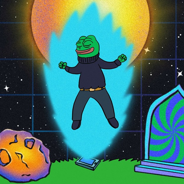 ضفدع Solaxy يخرج من هاتف محمول ملقى على الأرض وإلى يمينه نيزك وإلى يساره بوابة بعدية وتظهر الشمس في الخلفية