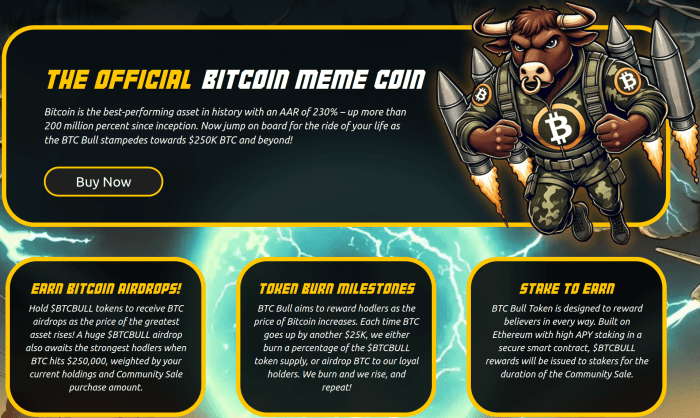 BTC Bull Token’s perks for investors include $BTC airdrops, token burns, and staking rewards.