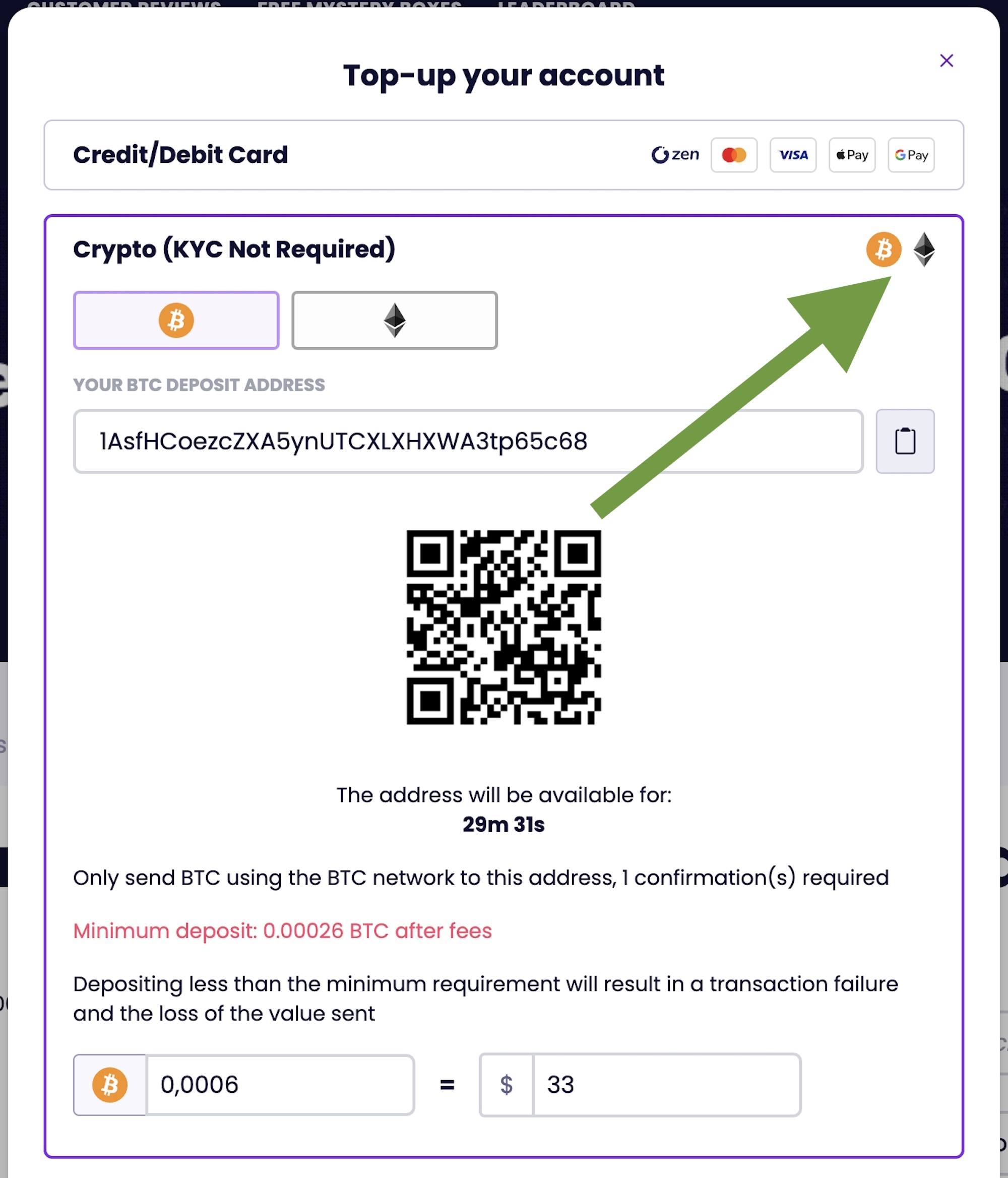 Crypto users can top up their JemLit account with $BTC or $ETH