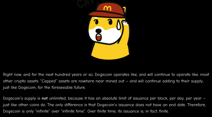 Dogecoin’s supply mechanics include no supply cap, though new token issuance is predictable.