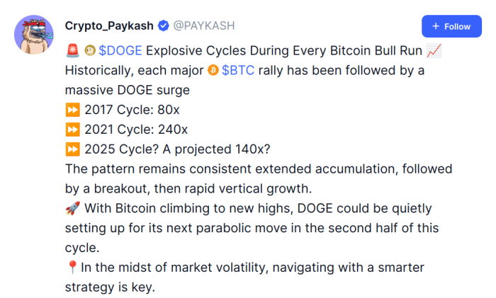 Excerpt from a CoinMarketCap post predicting $DOGE’s 2025 bull cycle.