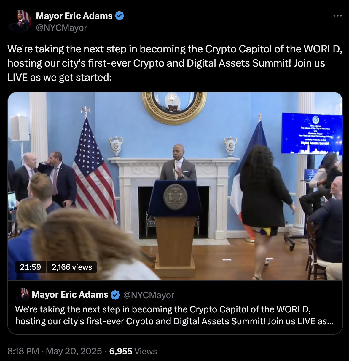 NYC Crypto Summit - mayor post on X