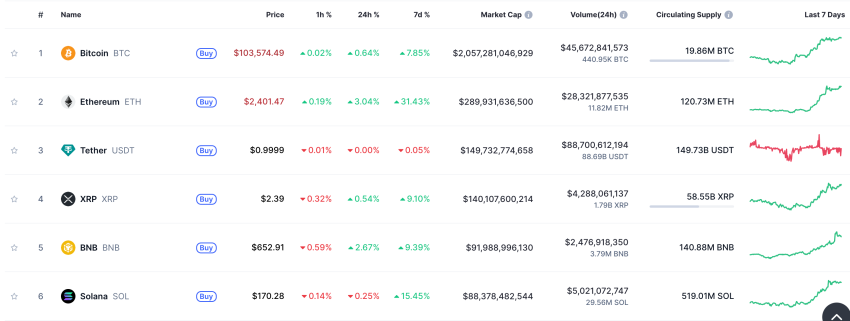 Top 100 tokens - Bron: CoinMarketcap 