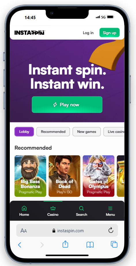 Instaspin casino homepage on mobile.