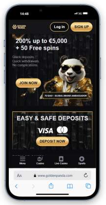 Golden Panda casino homepage on mobile.