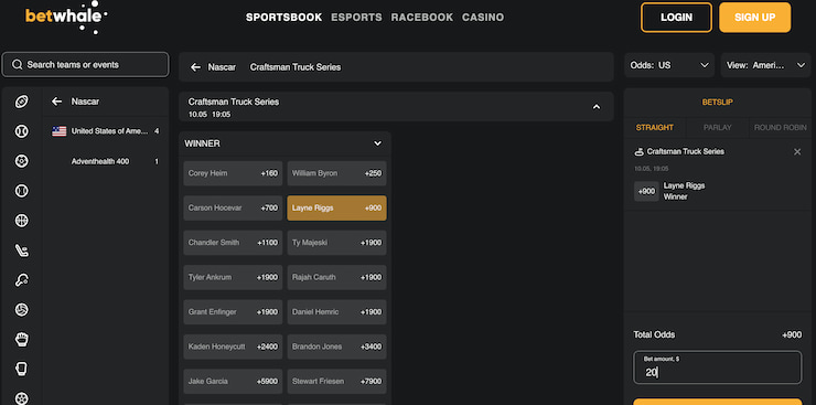 nascar betting lines as seen at betwhale NC sportsbook
