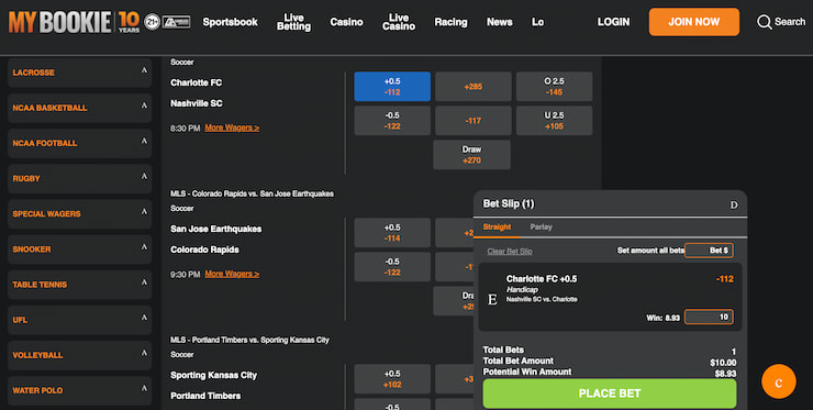 Charlotte FC sports betting odds as seen at MyBookie