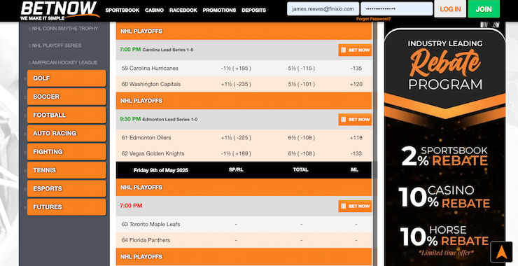 carolina hurricanes betting odds as seen at betnow sports betting site