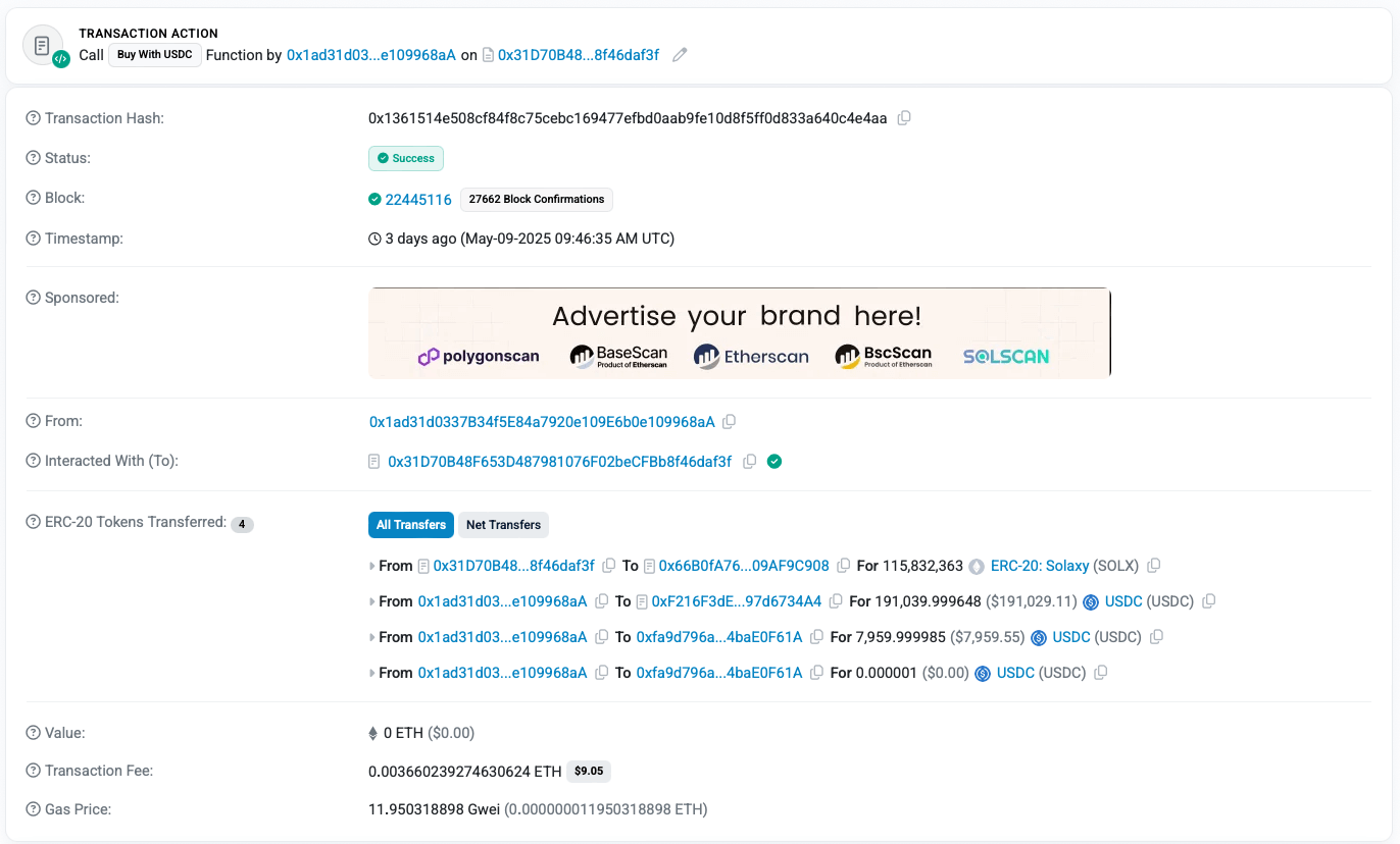 Solaxy whale buy transaction details