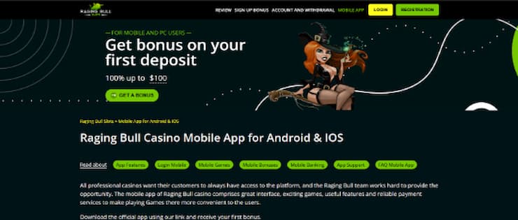 Raging Bull Casino app interface on mobile