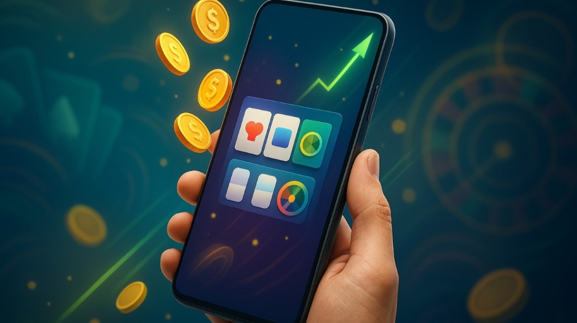 手にしたスマホにカジノ風の画面、浮かぶ金のコインと抽象的な背景。