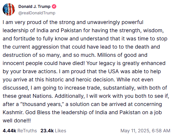Trump congratulating India and Pakistan