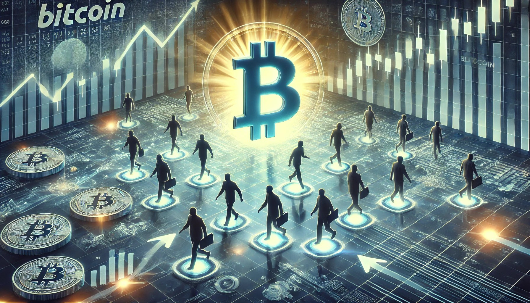 Grupo de personas andando alrededor del símbolo del Bitcoin