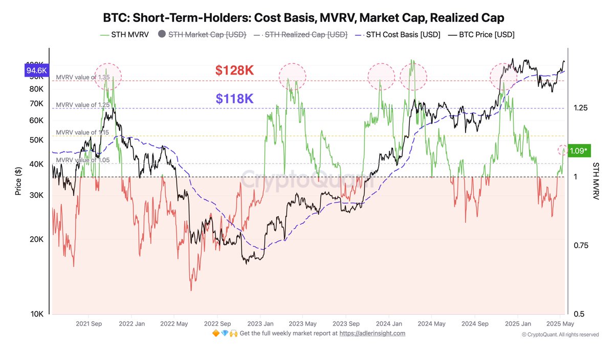 Bitcoin Short-Term Holder Cost Basis, MVRV, Market Cap, Realized Cap | Source: Axel Adler on X