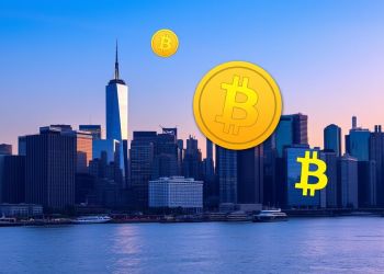 ภาพนิวยอร์กซิตี้กับสัญลักษณ์ Bitcoin และ Blockchain แสดงถึงการสนับสนุนเหรียญ Crypto ของเมือง