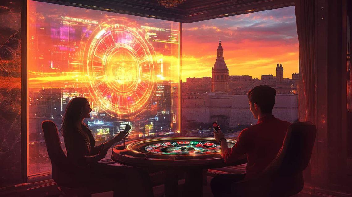 A couple playing at a virtual online casino with Malta's skyline in the background.