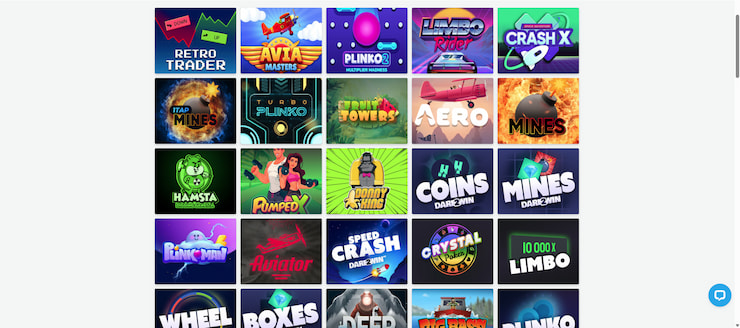 A screenshot of the crypto games lobby at a popular Dogecoin casino.