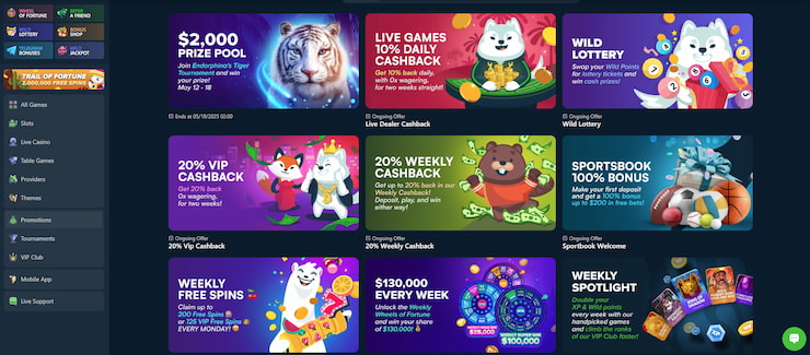 A snapshot of the ongoing promotions at Wild.io, one of the best Dogecoin casinos.