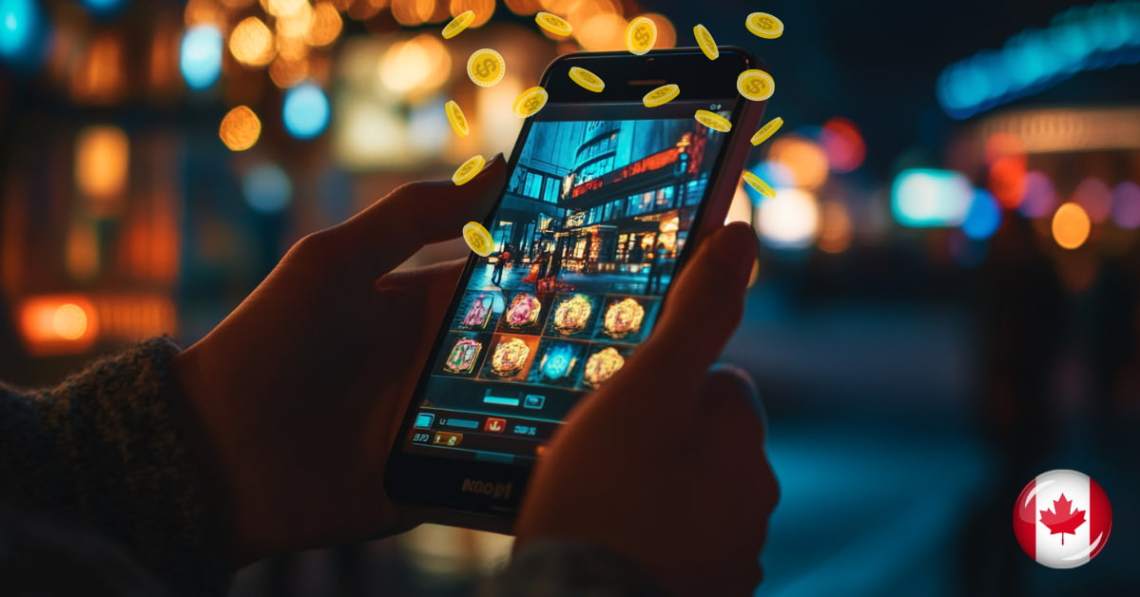 two hands holding a mobile phone playing online slots canada and winning