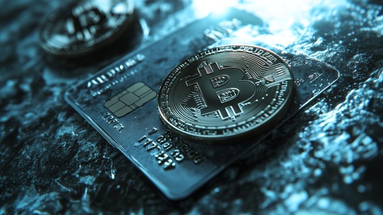 عملة معدنية تحمل شعار بيتكوين على بطاقة ائتمانية