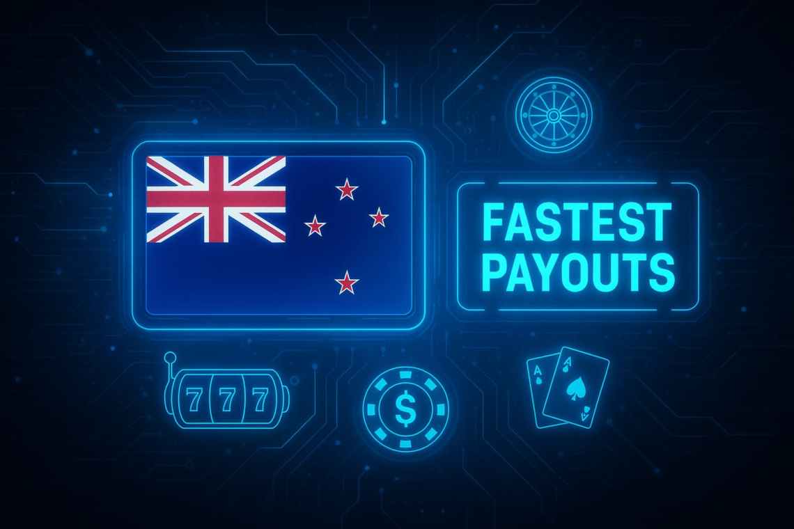 Featured image for an article about the fastest payout casinos in New Zealand. There’s a New Zealand flag, playing cards, a slot machine, and a roulette wheel in the image.