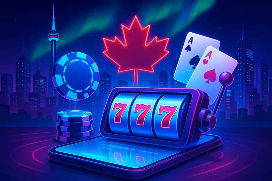 Featured image for an article about the best new casinos in Canada showing a virtual slot machine and cards, with a Canadian flag in the background